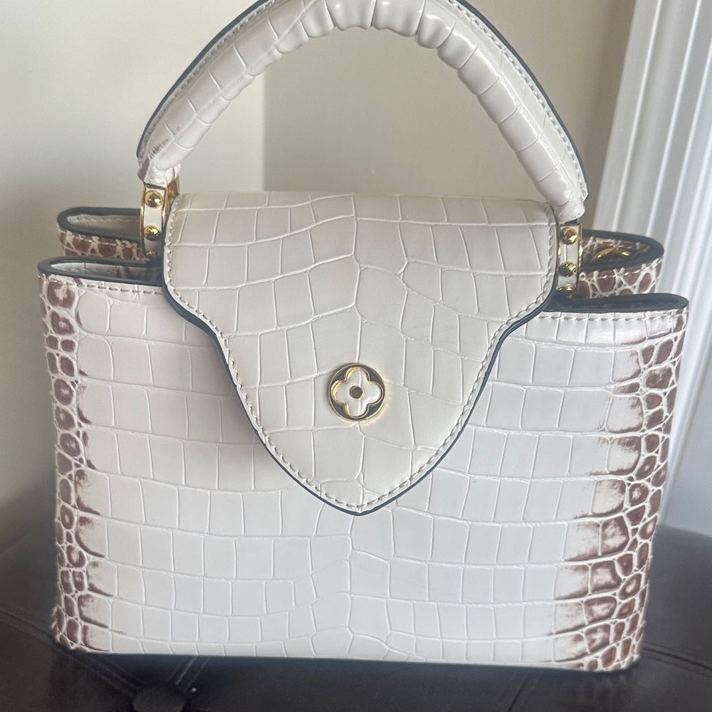 White Croc-Embossed Top Handle Bag with Brown Accent